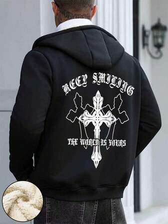 Chaqueta con capucha de manga larga de unicolor para hombres, con cordón, estampado en la espalda, bolsillos con cremallera, diseño minimalista casual, forro térmico, adecuada para primavera y otoño