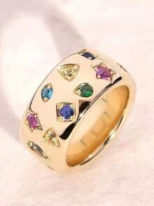 1pc Fashionable Adjustable Geometric Colorful Zirconia Ring, Vintage Style, Versatile For Women, Suitable For Daily Wear, Festivals, Parties, Gift For Girlfriend/Best Friend - Gold - View 1