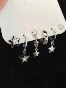 rundraw 6pcs/Set Minimal Metal Black Rhinestone Star Hoop Earrings & Stud Earring Set, Party Multi-Piece Earrings For Women - Multicolor - View 4