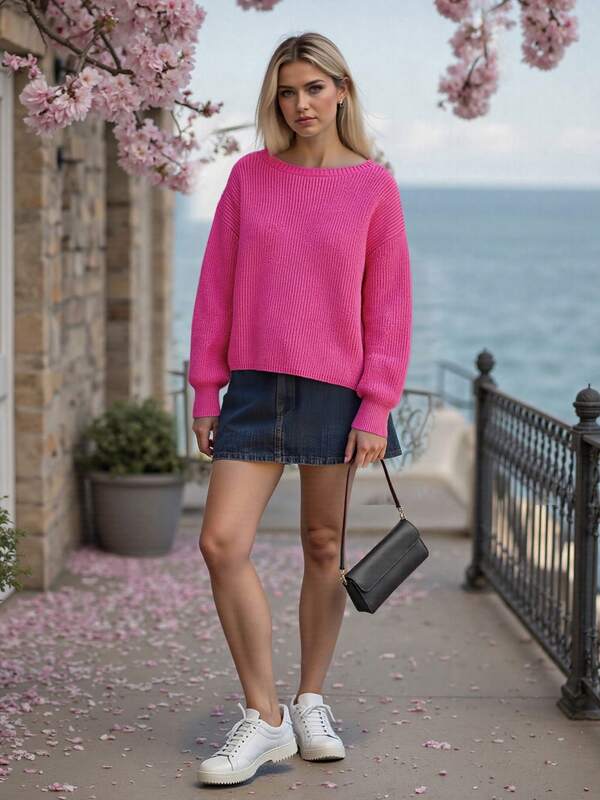 Women's Loose Fit Sweater Fashionable Casual Solid Color Crew Neck Long Sleeve Knit Tops