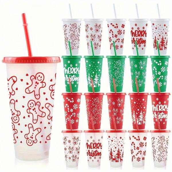 20 pezzi Tazze natalizie riutilizzabili da 710ml con Babbo Natale - Tazze portatili natalizie con coperchi e cannucce, in materiale PP, ideali per feste natalizie