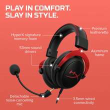 HyperX Tai nghe chơi game Cloud II với card âm thanh USB, âm thanh vòm 7.1, đệm tai bằng mút hoạt tính, khung nhôm bền chắc, micro có thể tháo rời, tương thích với PC và máy chơi game. - Đen và đỏ - Xem 11