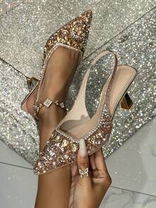Women's Golden Square Heel Peep Toe Sandals With Rhinestone, Pointed High Heels, Fairy Style Faux Pearl Wedding Shoes - Gold - View 7