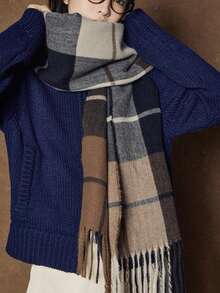 1条女士时尚韩版格子围巾，秋冬季保暖时尚流苏学生围巾，加厚长围巾，男女情侣披肩，连衣裙 - 咖啡棕 - 查看 2