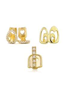 3pcs Hollow Copper Inlaid Combination Tooth Jewelry Set, Personalized Hiphop Vertical Stripe Side Tooth Decor, Suitable For Men And Women Daily Wear