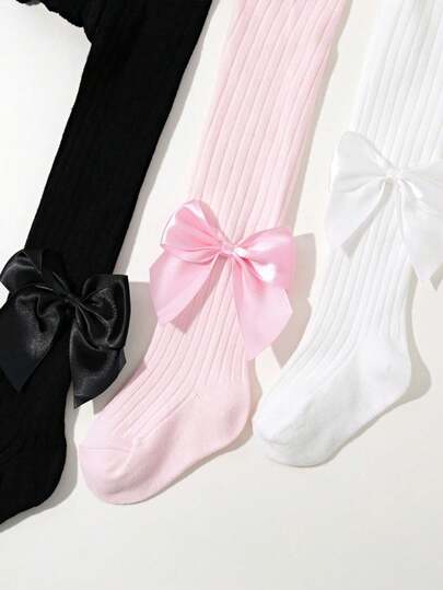 3 Pieces Random Colors Baby Tights, Bow Tie Cable Knit Stockings Pantyhose For Toddler Girls, Baby Essentials Long Socks Leg Warmers Leggings, Soft Warm For Daily & Autumn Winter Wear, Halloween Christmas Xmas Gift
