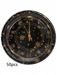 10pcs/20pcs/50pcs Black And Golden 2026 Happy New Year Party Plates 9" 7" Happy New Year And Golden Snowflake Round Cake Dessert Plates Dinner Food Plates Dinnerware Snack Tray New Years Eve Bash Party Supplies Decorations - Black - View 10