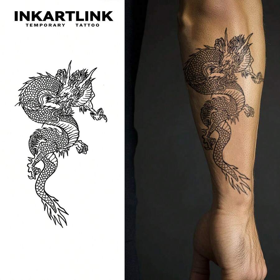 INKARTLINK Hình xăm công nghệ cách mạng, Hình xăm bán vĩnh viễn, Hình xăm rồng truyền thống Trung Quốc, Hình xăm chân thực, Hình xăm ấm áp, Hình xăm tạm thời, Hình xăm giả, Không thấm nước, Hình xăm chân thực, Hình xăm thiết kế độc đáo - màu đen - Xem 1