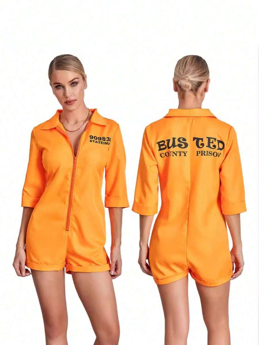 1 件成人万圣节囚犯服装连体衣，带拉链，适合女性，角色扮演服装 - 橘色 - 查看 1