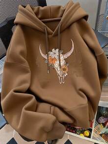 Sudadera Casual Suelta con Capucha de Mujer con Cabeza de Vaca Calavera y Cactus Estampado Bolsillos Canguro y Cordón de Ajuste Sudadera con Capucha - Marrón - Ver 2