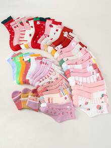 随机10/20双适合所有季节的儿童袜子，柔软舒适，可爱卡通兔子，草莓设计图案，时尚条纹，女童宝宝袜子，百搭休闲，中筒袜适合日常或上学使用 - 粉色 - 查看 2