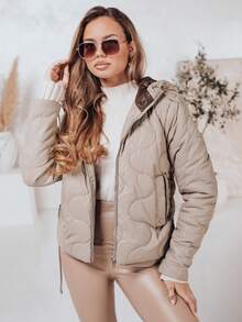 Women's Hooded Quilted Jacket, Unique Quilted Pattern, Practical Pockets, Ribbed Trim Design - Beige - View 4
