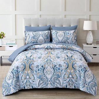 3 Pieces Boho Paisley Comforter Set Double Queen King Size,  Bed In A Bag Sky Blue Comforter Set, Soft Lightweight Bedding Set (1 Comforter, 2 Pillowcases),Halloween Bed Room Decro, Christmas Day Gifts, All Season