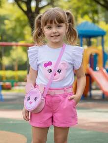 Children's Set For Girls With Teddy Bear Bag, Short-Sleeved Blouse, Shorts And Belt, Butterflies Kids - 淺粉色 - 查看 2