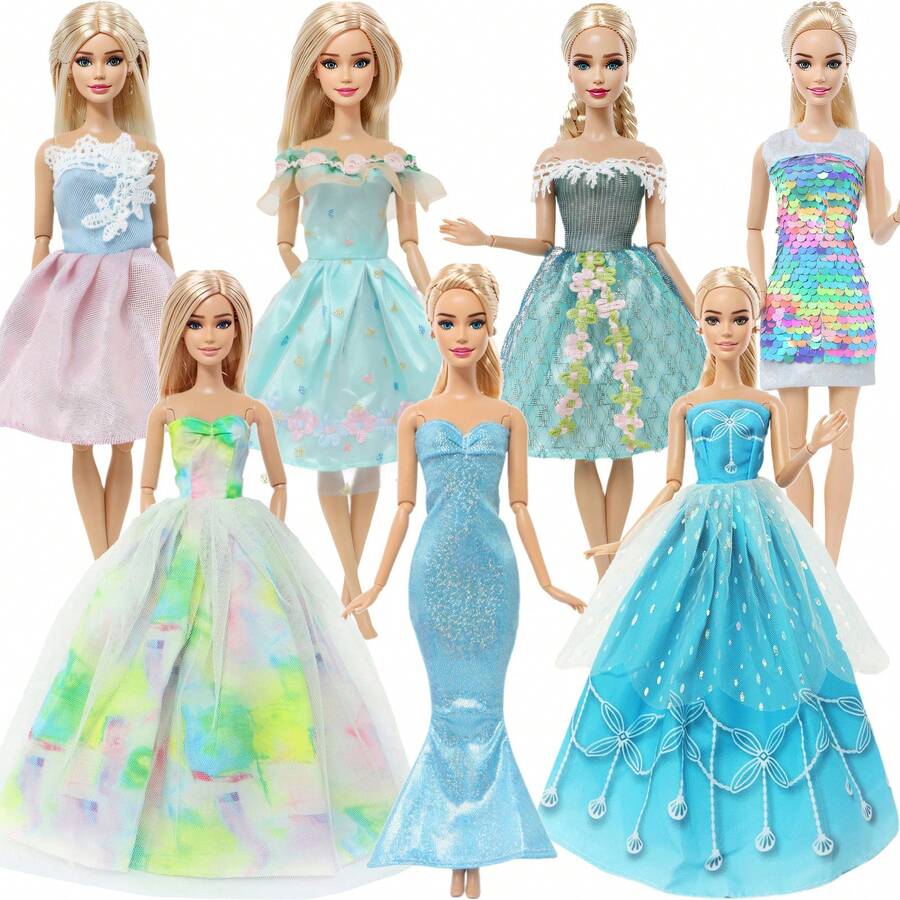 7件套娃娃公主裙时尚混搭款式（礼品袋包装）适合11.5英寸娃娃装扮，万圣节礼物、圣诞节礼物、生日礼物（不含娃娃）