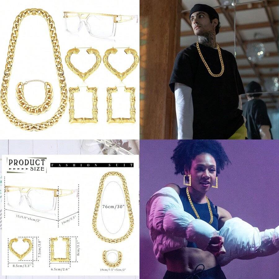 80s 90s Hip Hop Costume Kit Gold Chunky Cuban Chain Necklace Bracelet DJ Transparent Sunglasses Heart Rectangle Shaped Bamboo Earrings Rapper Accessories For Women Men