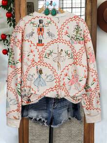 2025圣诞胡桃夹子随机印花女士超大春秋时尚休闲圣诞长袖运动衫