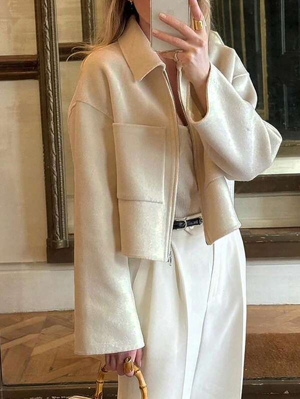 Chaqueta de punto de bolsillo de unicolor de mezcla de lana, uso casual para diario, citas, meriendas, otoño/invierno