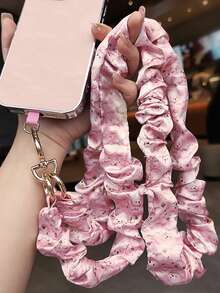 1pc Elastic Silk Printed Ribbon Pleated Phone Lanyard Crossbody Phone Strap Necklace For Women, Anti-Lost Phone Hanging Cord, Creative Phone Lanyard Suitable For Outdoor, Hiking, Shopping, Travel