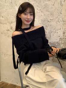女士灰色露肩毛衣，修身剪裁，精致针织上衣，质感优质，秋冬 - 藏青色 - 查看 7