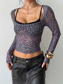 Women's Autumn Leopard Print Top With Large Scoop Neck And Long Sleeves, Suitable For Dates And Parties - Grey - View 10