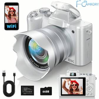  Cámara digital CAMKORY 8K para fotografía - Cámara de vlogging con autofoco de 88MP, WiFi, lente dual, zoom digital 16X, con parasol, flash, pantalla táctil y tarjeta TF de 64GB