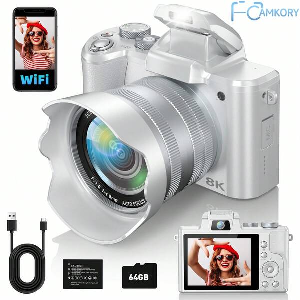 CAMKORY Cámara digital CAMKORY 8K para fotografía - Cámara de vlogging con autofoco de 88MP, WiFi, lente dual, zoom digital 16X, con parasol, flash, pantalla táctil y tarjeta TF de 64GB