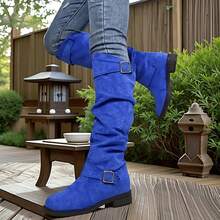 New Autumn And Winter Women's Shoes, Ruffled Low - Heel Western Cowboy Boots With Belt Buckles. These Are Long Boots With Thick Heels, Slimming Long Tubes. They Are Sports - Casual Knee - High And Thigh - High Boots, Versatile And Sexy Autumn And Winter Cowboy Boots. - 深藍色 - 查看 1