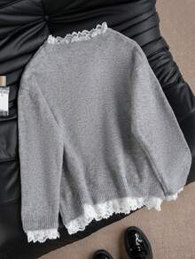 Loose V-Neck Gray Long Sleeve Sweater With Lace Patchwork And Bowknot, Suitable For Christmas, New Year, Commuting, And Dating