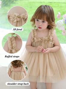 Baby Girls 3D Floral Strap Tulle Party Dress, Elegant Princess Dress Suitable For Girls, Babies, 1st Birthday, Gift, Banquet, Wedding Flower Girl, All Season