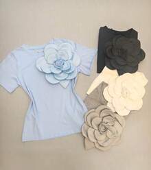 Camiseta com flro Algodão importado femininas modas LF23376  Simples    Rosa 3d  Assimétrico