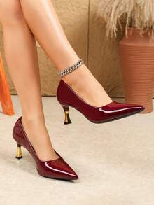 Fashionable Versatile Pointed Toe Low Vamp High Heel Shoes, Stylish Professional Women's Shoes, Elegant Lady Fashionable Low Vamp Women Pumps - Burgundy - View 3