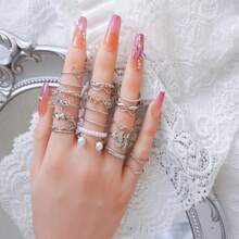 Set de 20 de inele cu perle artificiale, flori și frunze goale, potrivite pentru purtarea zilnică a femeilor