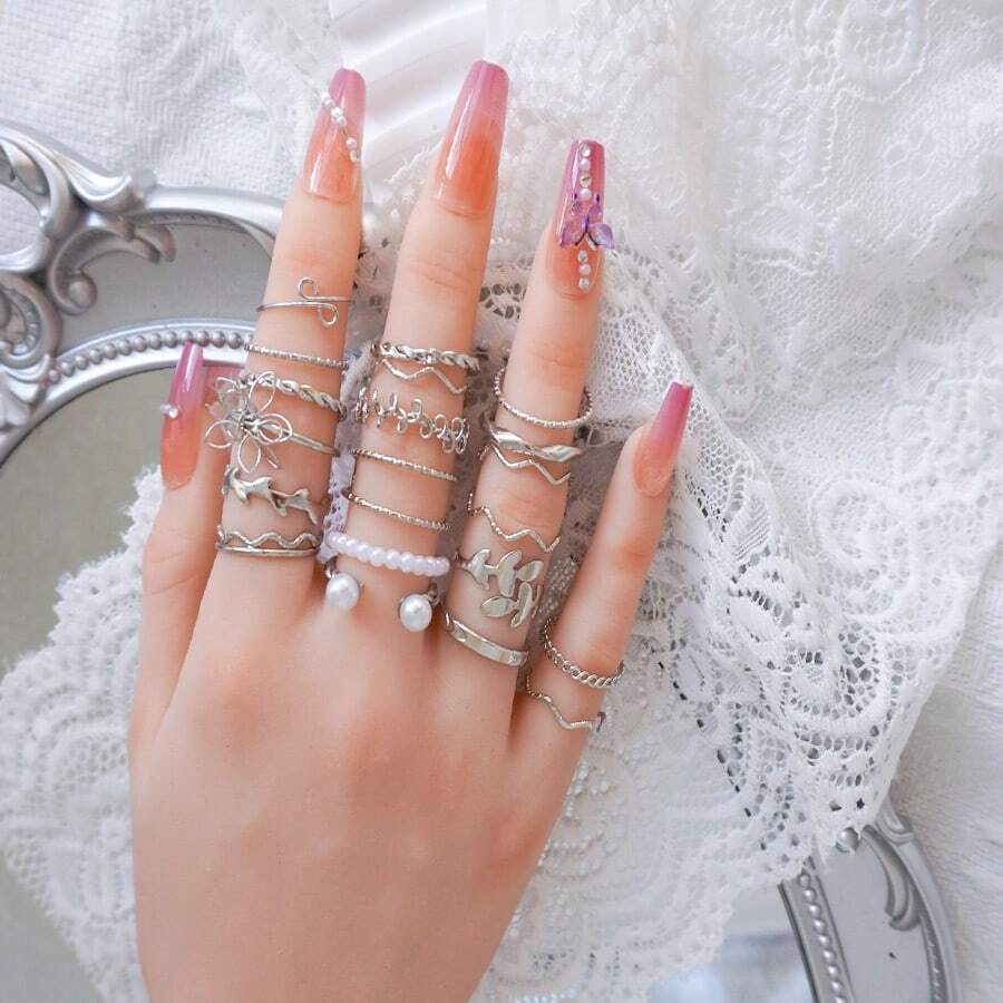 Set de 20 de inele cu perle artificiale, flori și frunze goale, potrivite pentru purtarea zilnică a femeilor