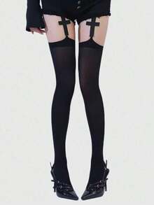 1 Pair Of Gothic Style Deep Black Cross Pattern Garter Stockings, Perfect Gift For Valentine's Day, Christmas, Halloween, Mother's Day - Black - View 1