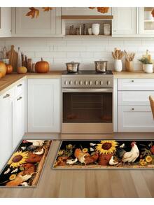 1 szt. Urocza mata kuchenna w stylu wiejskim – wzór kurczaka i słonecznika, zmywalny dywanik wejściowy, odpowiedni do kuchni, jadalni, wystroju wnętrz, wnętrz, dekoracji wiosennych – miękki, antypoślizgowy, łatwy do czyszczenia, trwały, wielofunkcyjny dywanik do miejsc o dużym natężeniu ruchu