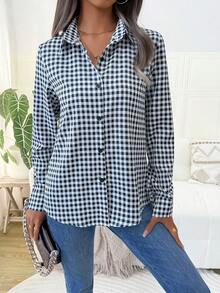 Áo sơ mi kẻ gingham dành cho nữ, áo cánh tay dài một hàng khuy cổ điển để đi làm và mặc hàng ngày, áo sơ mi kẻ sọc thường ngày, áo nữ in họa tiết thời trang xuân hè thu đông 2025, hàng mới về - Đen và trắng - Xem 4