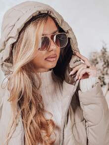 Women's Hooded Quilted Jacket, Unique Quilted Pattern, Practical Pockets, Ribbed Trim Design - Beige - View 6