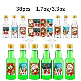 38个/5个圣诞主题酒瓶。饮料分配瓶。塑料透明瓶。多用途可重复使用瓶。可用于装饰圣诞派对餐桌。可用作小型迷你瓶，适合作为生日、结婚纪念日和派对的礼物。
