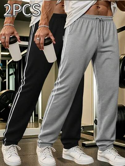 Two Pieces Set Of Men's Striped Sports Long Pants, Flat Front Straight Leg Trousers, Elastic Waistband With Drawstring, Outdoor Casual Sports Pants Suitable For Students And Boys. Spring