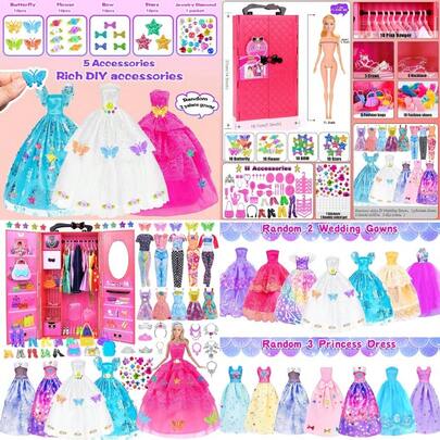 Ebuddy 145 Pack Doll And Closet Set Fashion DIY Wardrobe Clothes And Accories Including WardrobeWedding Dr Shoes Necklace Bags And More One Doll