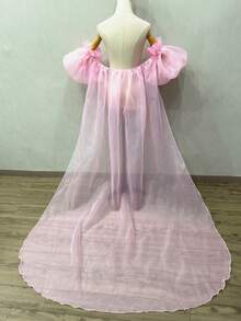 1 件白色欧根纱新娘披肩，婚纱配饰，泡泡袖 + 斗篷，200 厘米