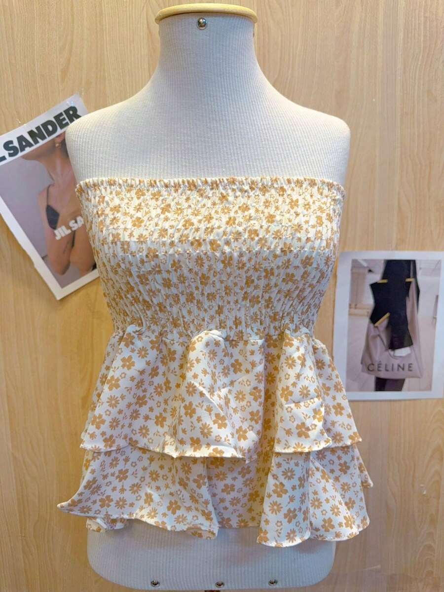 Cropped Top With Strapless Ruffled Print - ゴールド - チェックする 1