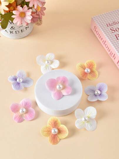 8 قطع اكسسوارات شعر مشابك جانبية حلوة للبنات، مزينة بزهور مزيفة مع مركز من اللؤلؤ