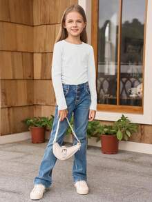 Haloumoning Girls Long Sleeve Shirts Crewneck Ruched Side Slim Fit Tops Ribbed Knit Casual Tee Shirt 4-15 Years