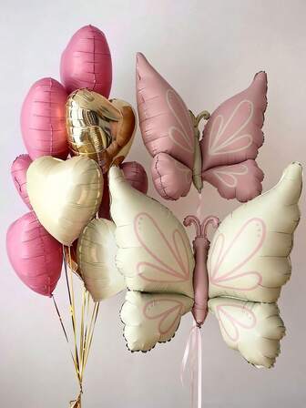 11 piezas de globos de mariposa de lámina mate rosa y crema de gran tamaño, set de globos de corazón de 18" en dorado pálido y crema, adecuado para fiesta de cumpleaños, tema de mariposa, despedida de soltera, decoración de aniversario