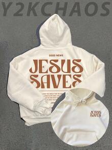 Y2KCHAOS Jesus Saves Christian Faith Hoodie For Men And Women – Bold Brown Print On Cream Fleece Sweatshirt, Religious Statement Design, Comfortable Fit For Everyday Wear, Perfect For Faith-Based Lifestyle, Vintage Style (300g Fleece Hoodie) Manfinity - 白色 - 查看 1