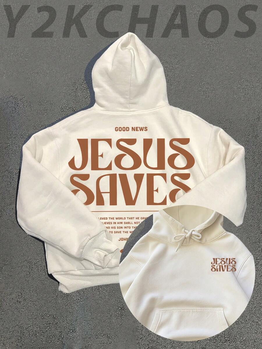 Y2KCHAOS Jesus Saves Christian Faith Hoodie For Men And Women – Bold Brown Print On Cream Fleece Sweatshirt, Religious Statement Design, Comfortable Fit For Everyday Wear, Perfect For Faith-Based Lifestyle, Vintage Style (300g Fleece Hoodie) Manfinity - 白色 - 查看 1