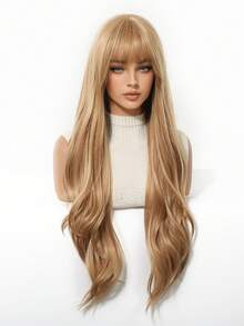 Ava WIGS 30英寸长波浪卷假发，带刘海，耐热，无蕾丝，适合女性。黑红混色长波浪卷假发，日常派对角色扮演多色假发，万圣节礼物，女士之选。 - 金色 - 查看 5