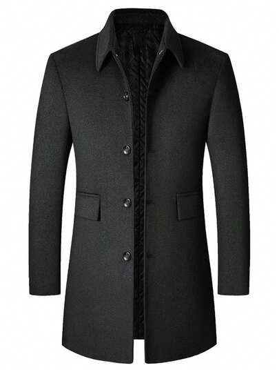 Herrkostymjacka i ullblandning, Casual Fashion Enfärgad Långärmad Kappa med fickor och knappar, Höst-/vinterkläder
